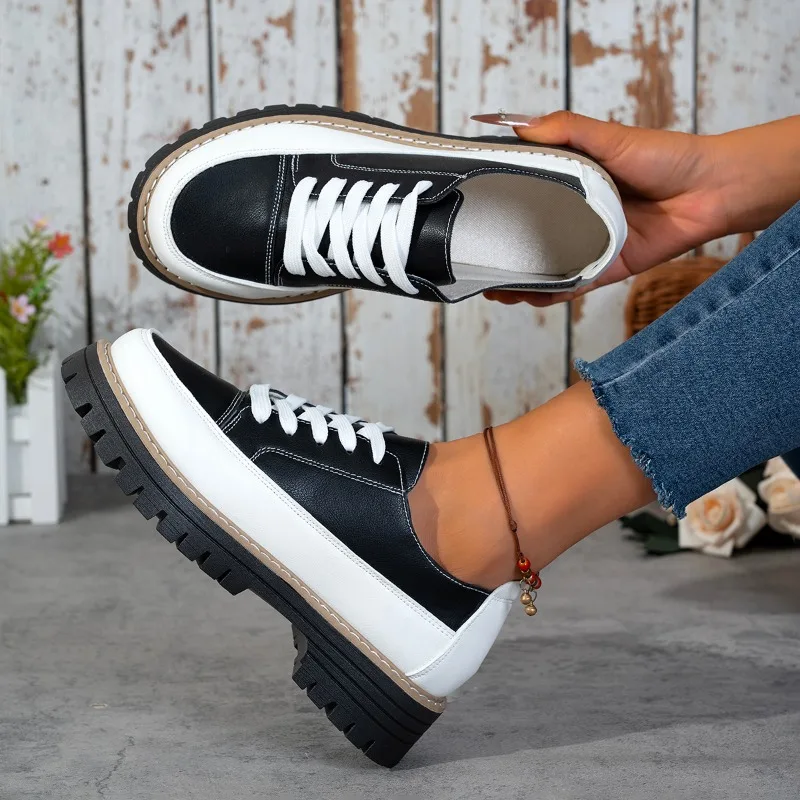 Women Platform Loafers Lace Up Chunky Sole Color Block Ladies Casual Shoes All Season Non Slip Walking Footwear Ladies Women's 5