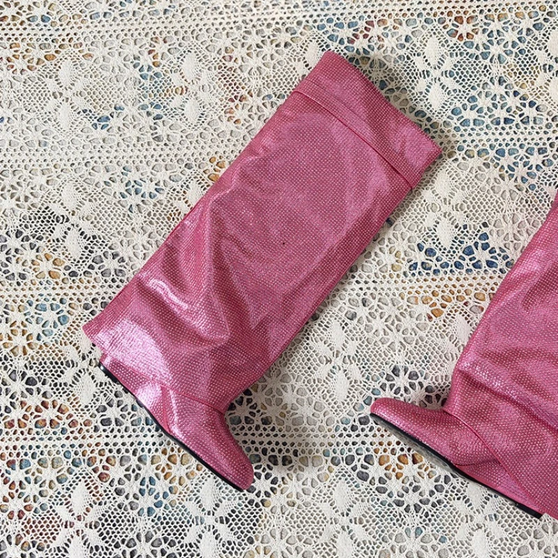 New Y2K Sparkly Rhinestone Women Knee High Boots, Glitter Pink Pointed Toe Straight Tube Wide Leg Tall Fashion Boots for Party - view 4