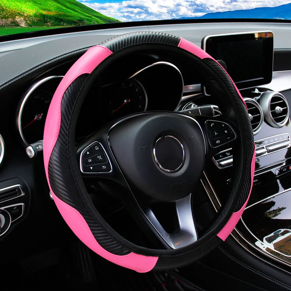 Car Steering Wheel Cover Breathable Anti Slip PU Leather Steering Covers Suitable 37-38.5cm Auto Decoration Carbon Fiber