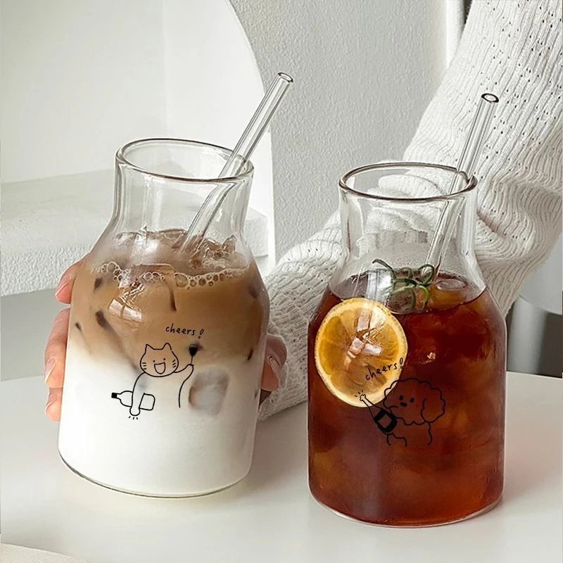 Taza de cristal estilo Ins, taza para beber en el hogar, taza de café Simple para preparar en frío, taza de jugo de gran capacidad y alto valor, taza con pajita