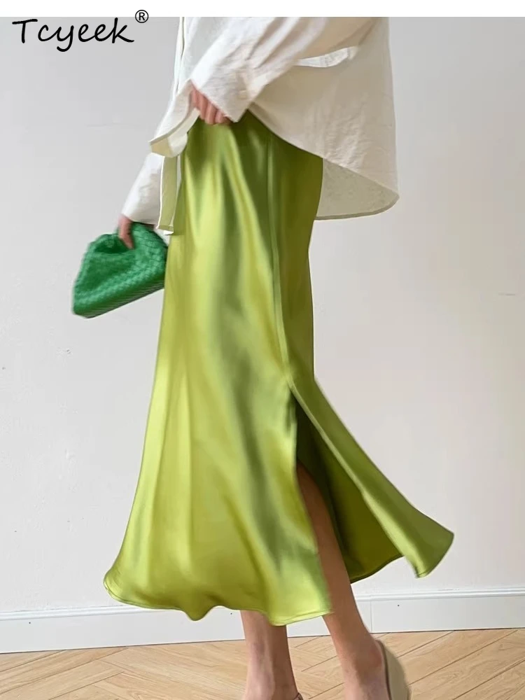 Tcyeek 100% Real Silk Skirts for Women 2026 Summer Luxury-Style Elastic Waist Elegant Skirt Ladies Clothing Женская Летняя Юбка