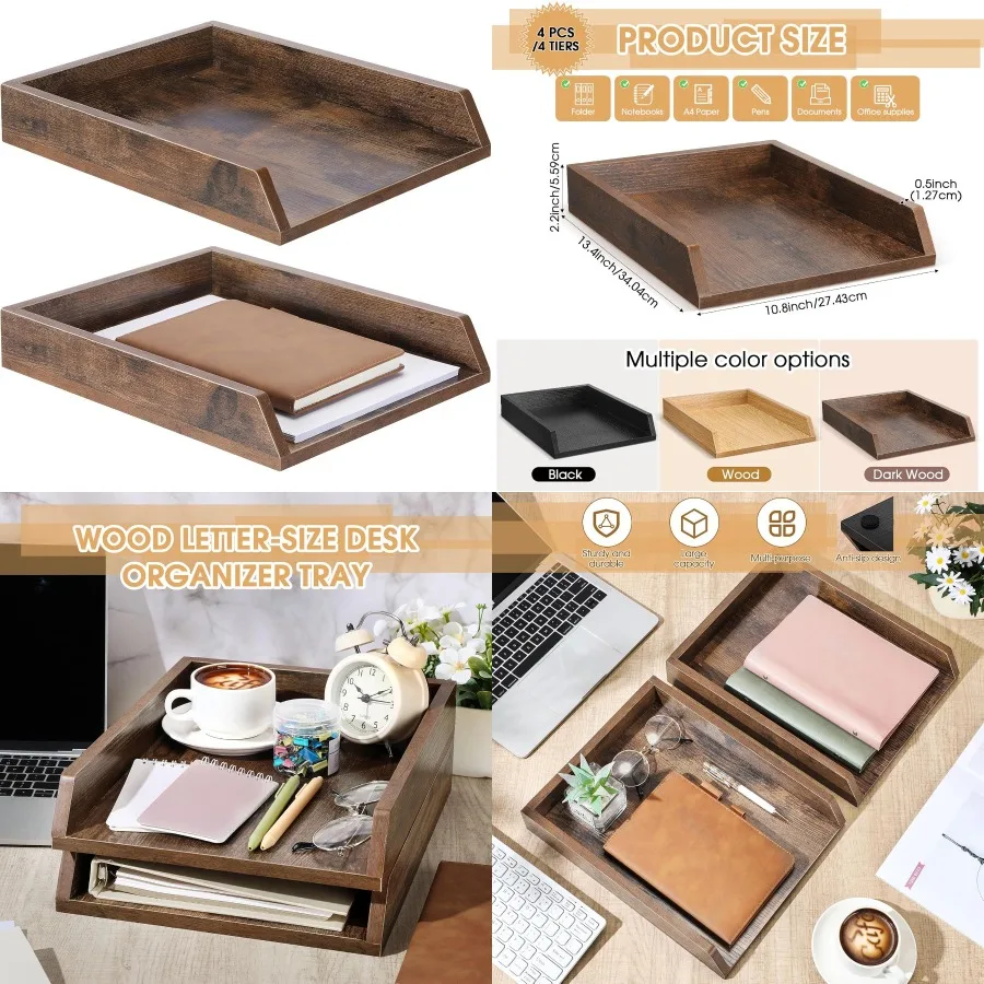 

2 Pcs Wooden Letter Trays Wood Letter-Size Desk Organizer Heavy Duty 2 Tier Stackable Supports Paper Tray Desktop Drawer Organi