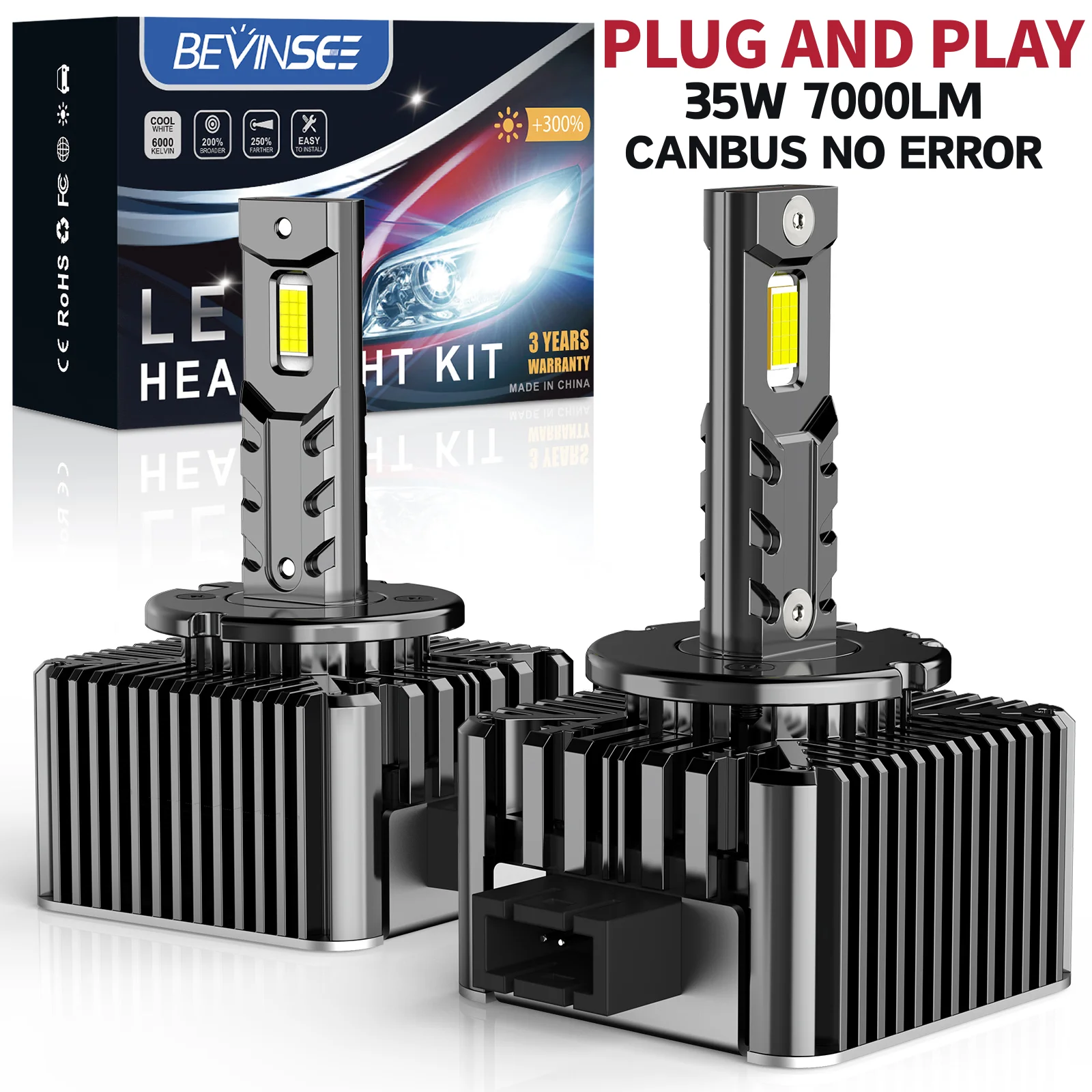 BEVINSEE D1S D1R LED ampoule de phare 35W 7000LM Super lumineux CANBUS D3S D3R D5S D2S D2R HID xénon Kit de remplacement lampe 6000K 12V