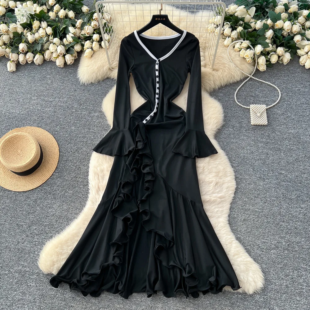 

Women Irregular Ruffles Dresses Solid Dress V Neck Waist Cinch A Line Ankle Lenth Long Flared Sleeve Casual Elegant 2025 Autumn