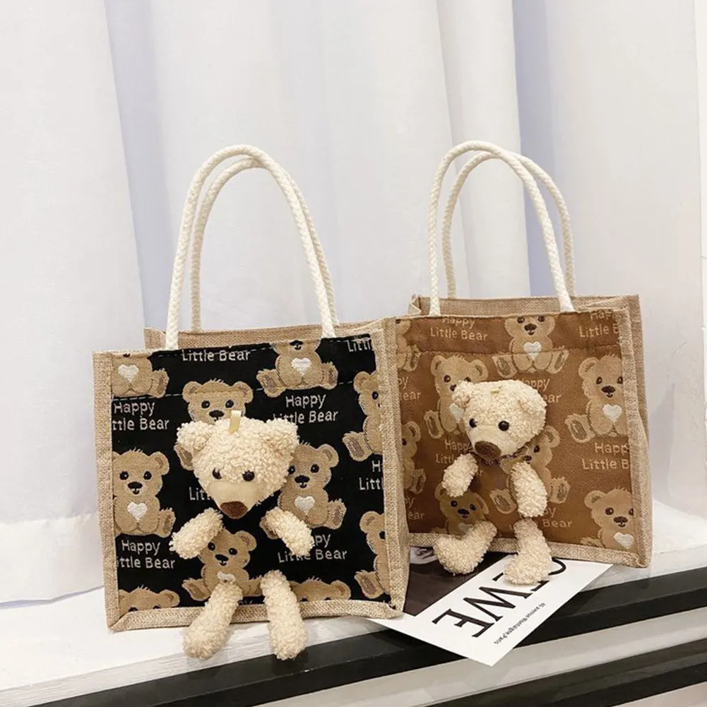 Cute Bear Print Pendant Handbag for Xmas Casual Linen Canvas Top-handle Gift Bag Fashion Shopping Bag Women Ladies Girl Handbag