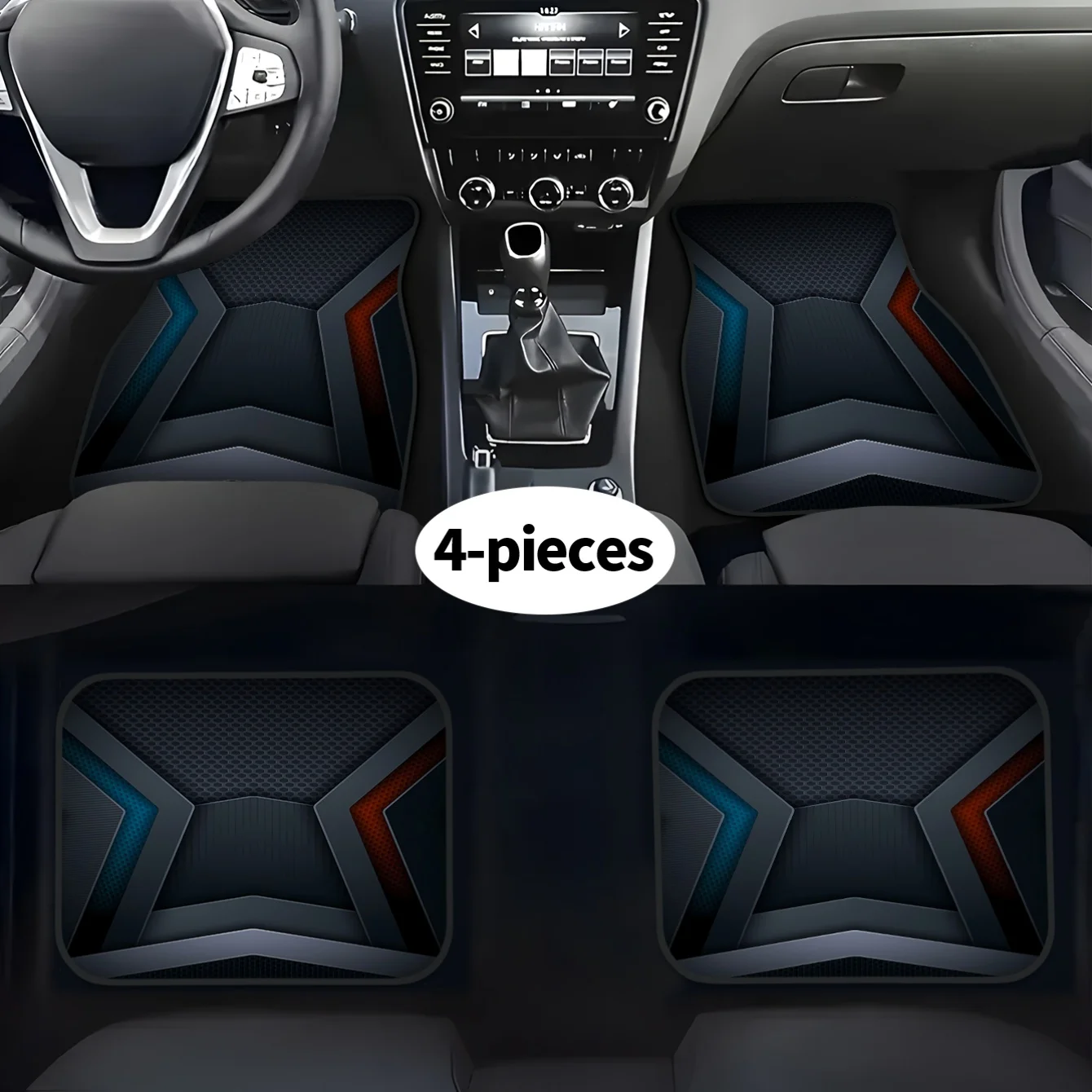 4pcs 2D Tech Geometric Print Car Floor Mats | Front And Rear Carpets, Washable Polyester Interior Additions For Seats, Universal