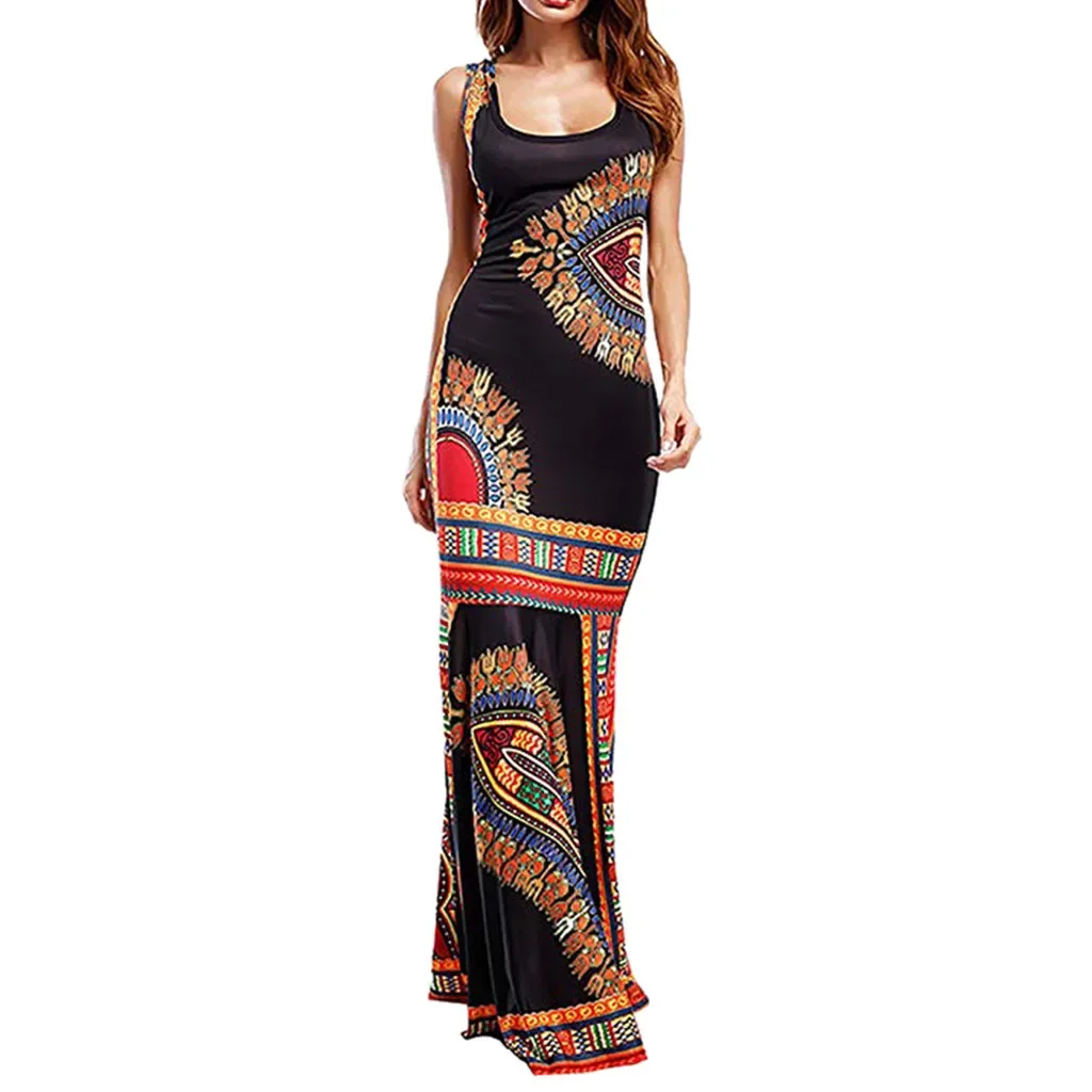 African Clothes Dashiki Print Rich Bazin Ladies Sleeveless Vestidos Plus Size Ankara African Dresses For Women Bohemian Summer