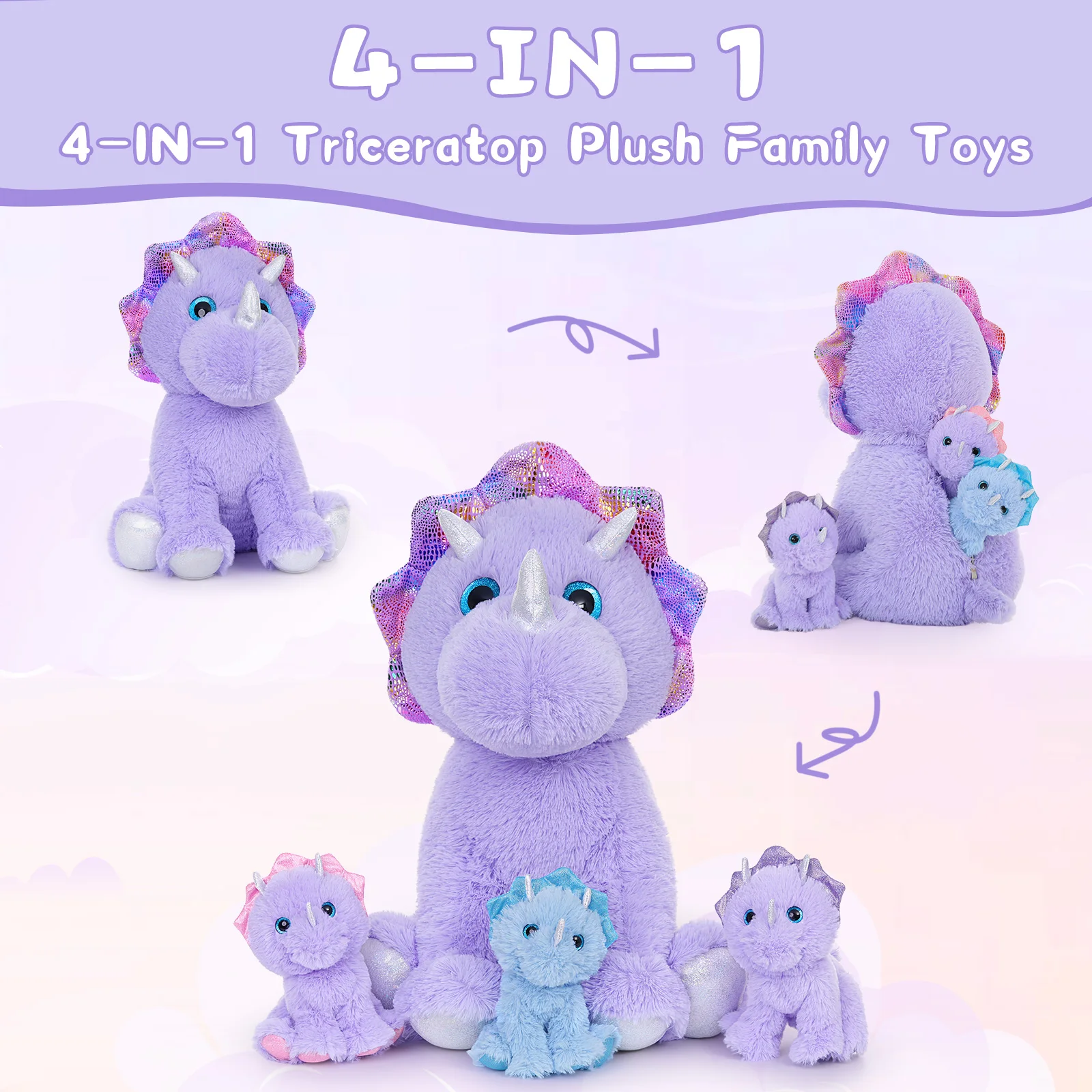 MaoGoLan Triceratops Animal en peluche, 21 pouces, maman dinosaure violet avec 3 bébés, ensemble de jouets d'oreiller en peluche dinosaure géant