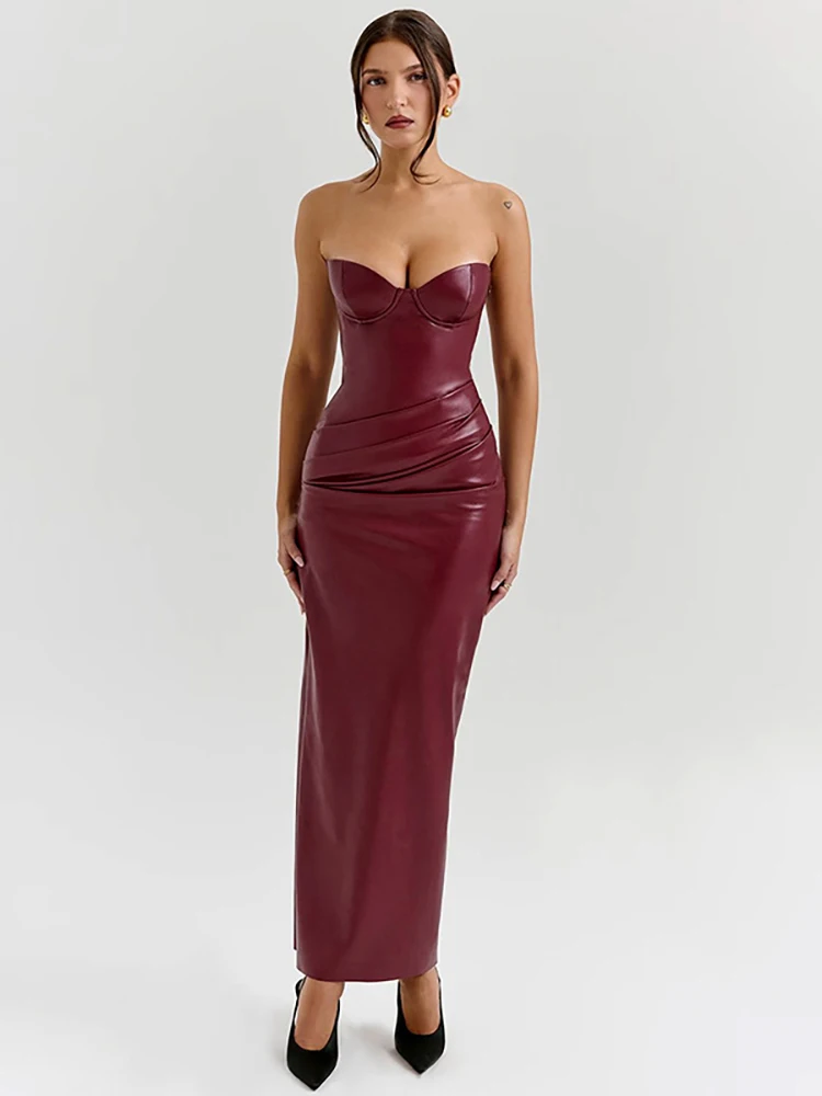 

JULISSA MO Sexy Strapless PU Leather Women Maxi Dress Red Backless High Waist Dress Female Winter Slim Elegant Party Club Outfit