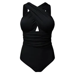 Women's Push-Up Oversized Cross Slimming Fit Swimwear Solid Color Hollow Out Bathing Swimsuit Bikini Suit Sexy Tankinis Sets