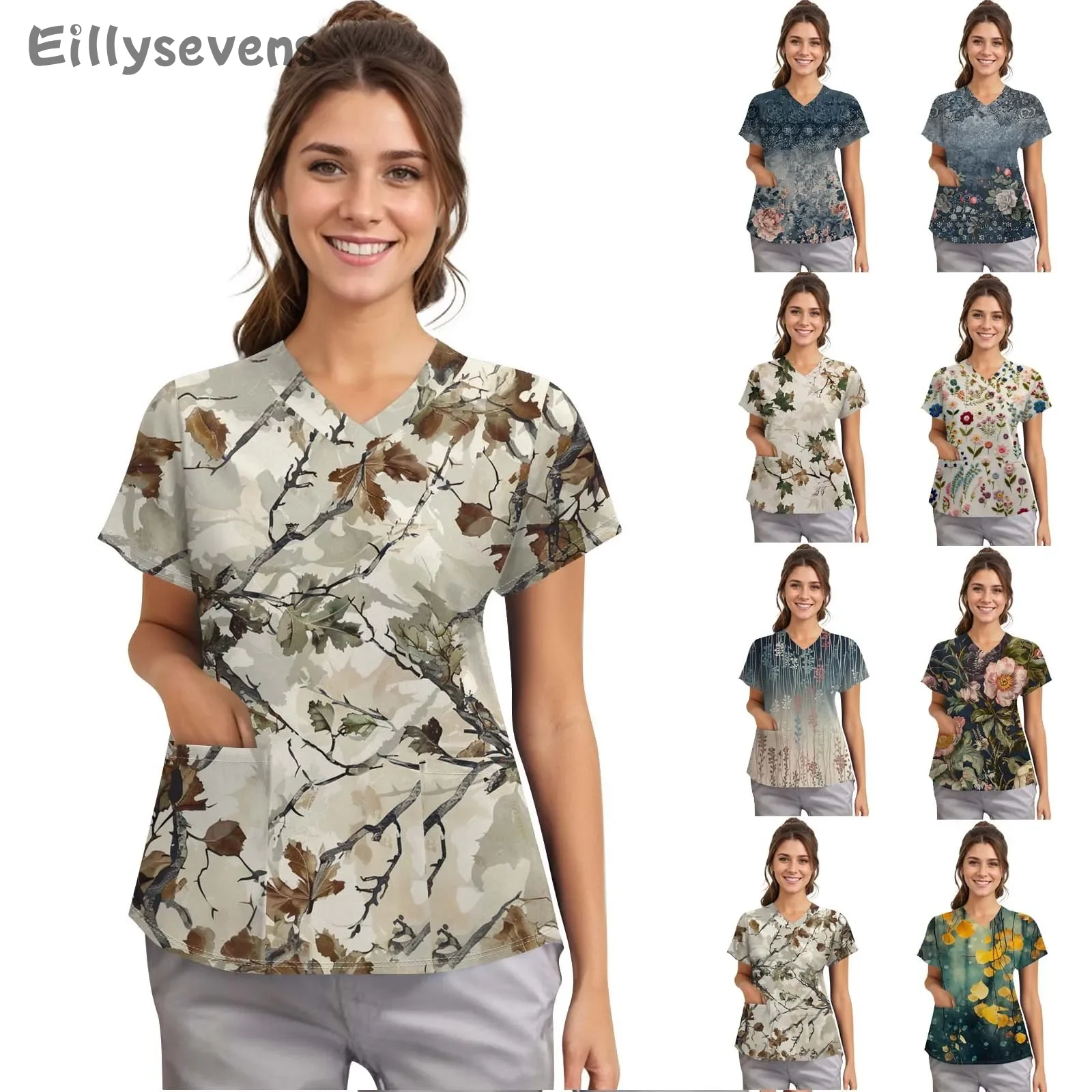 Uniforme de enfermera para mujer, túnica de manga corta con cuello en V, hospitales, trabajadores de la salud, uniforme para enfermería, salón de belleza, Spa, Tops estampados