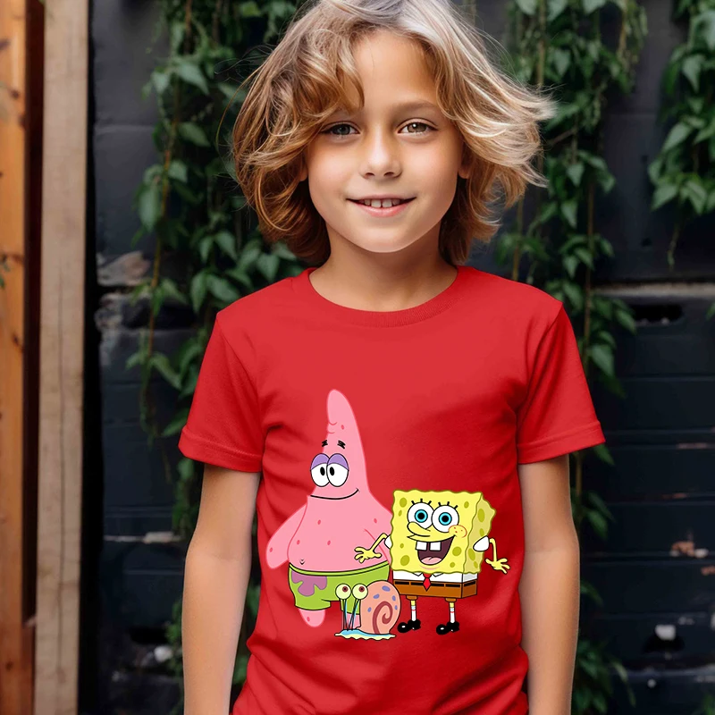 SpongeBob SquarePants printed kids T-shirts summer children's cotton short-sleeved red casual tops suitable for boys and girls