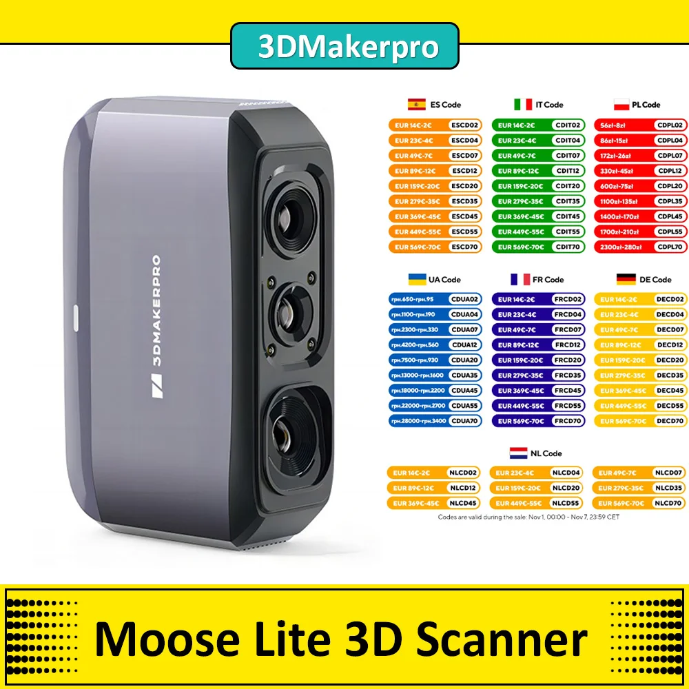 3dmakerpro Scanner 3D Moose Lite, precisione di 0.05mm, risoluzione di 0.10mm, sorgente luminosa NIR, fotocamera a colori a 24 bit, tracciamento visivo Al
