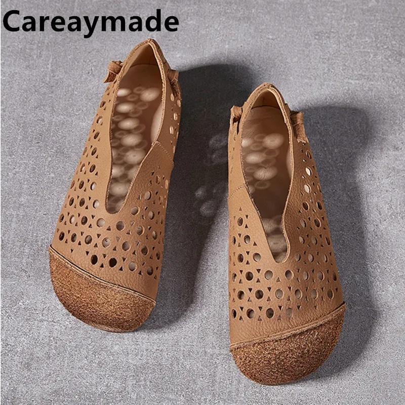 Careaymade-Summer new Original Vintage pure Handmade genuine Leather leisure Shoes,hollowing out flat single shoes,3 colors