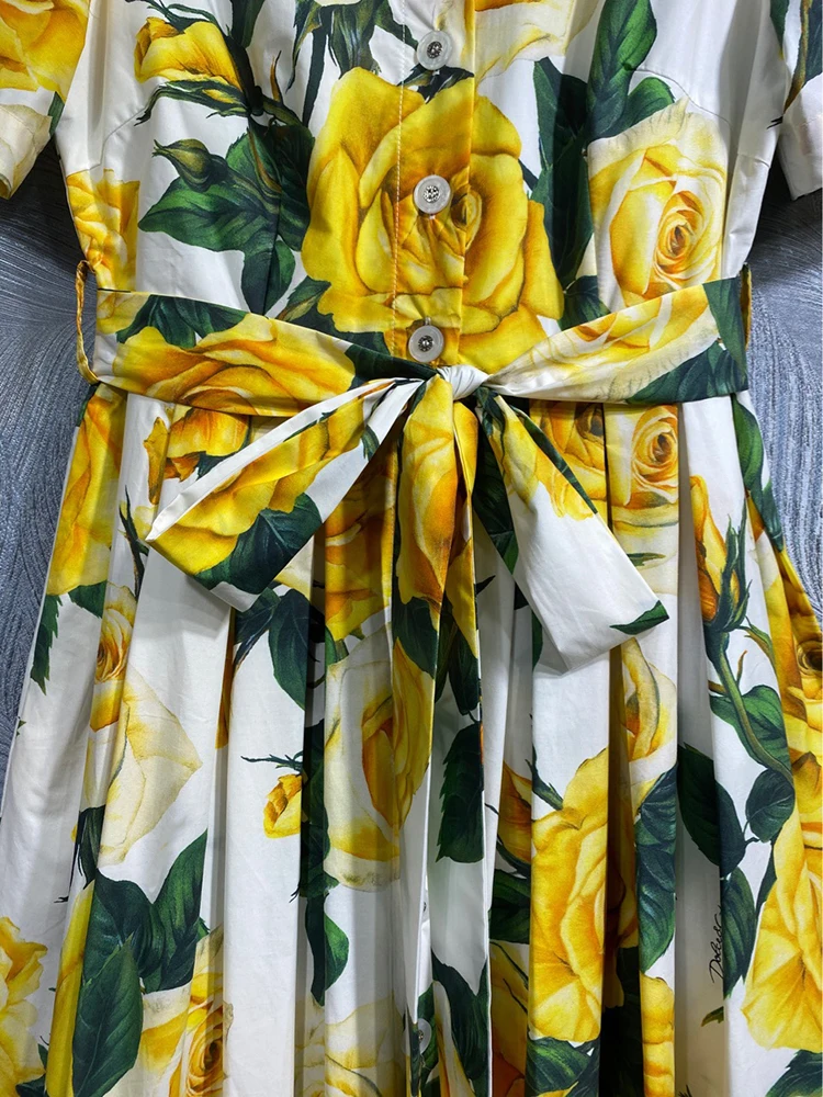 DLDENGHAN-Robe en coton jaune à manches courtes pour femmes, tenue de soirée élégante, à simple boutonnage, à lacets, imprimé floral, de styliste, nouvelle collection printemps