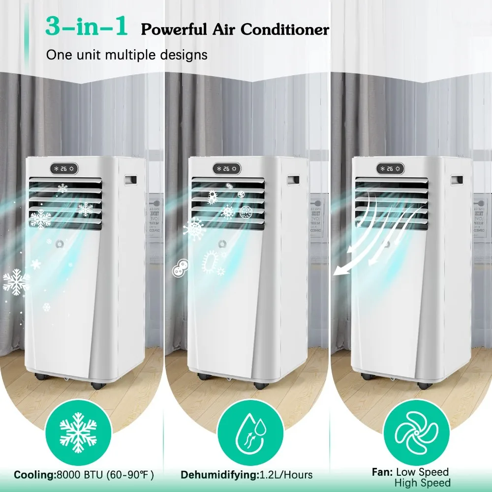 AC portabel 8000 BTU dengan Dehumidifier, kipas, mode keren, Unit AC portabel 3-in-1 untuk kamar sampai dengan 350 sq.ft