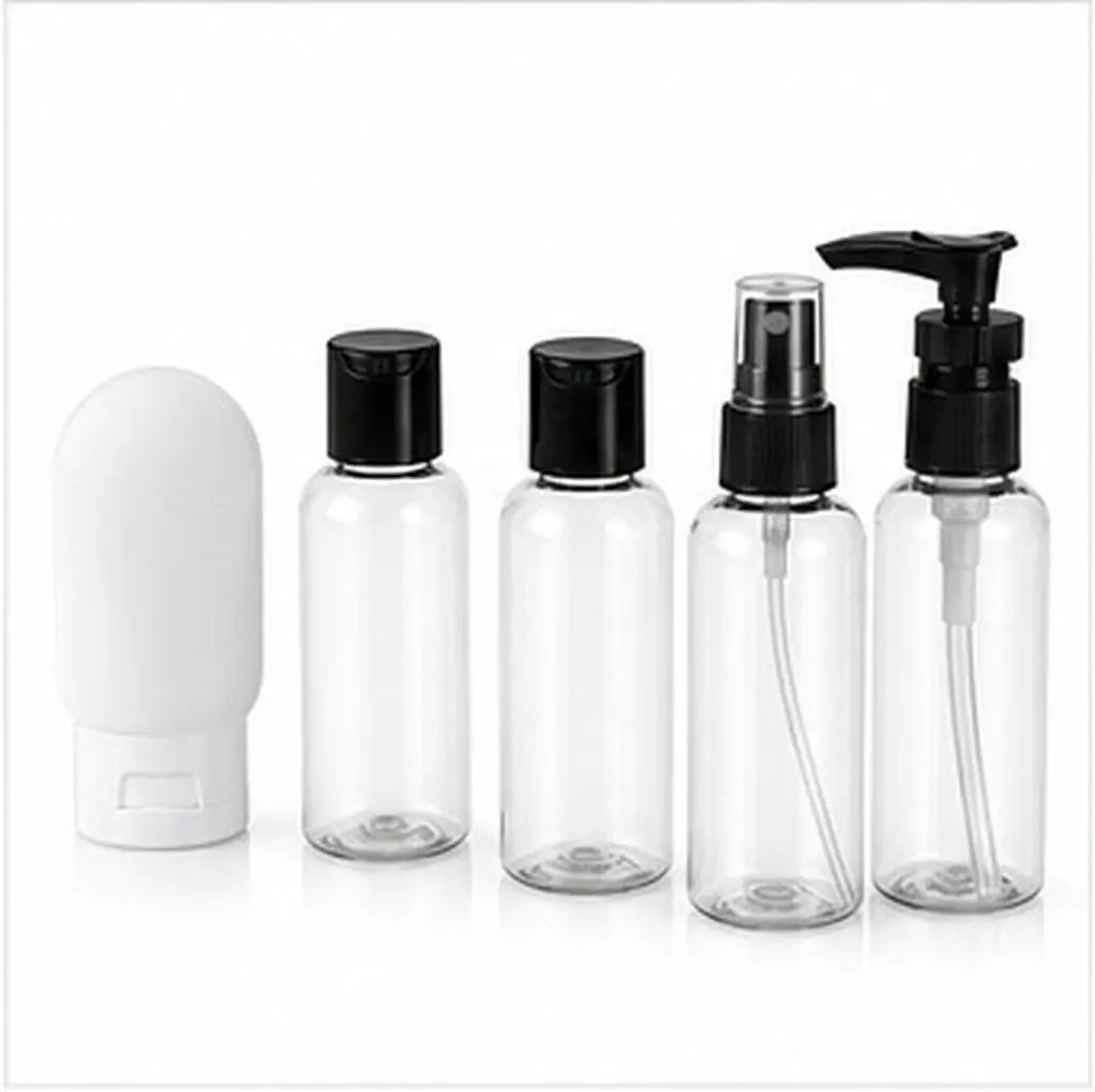 1Set Travel Bottles for Toiletries Leakproof Refillable Set Includes Spray Pump Dispenser Lotion Shampoo Body Wash Bottles