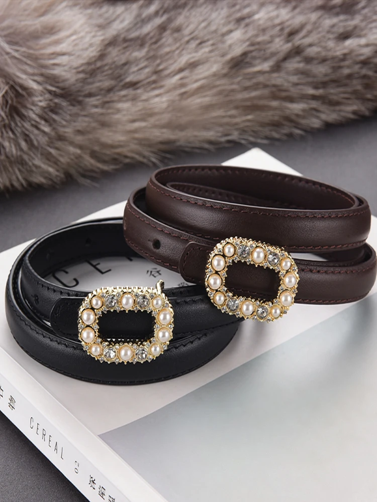 

Женский тонкий ремень с инкрустацией стразами и жемчугом, универсальный декоративный ремень для джинсов, из натуральной кожи, тонкий пояс для талии.