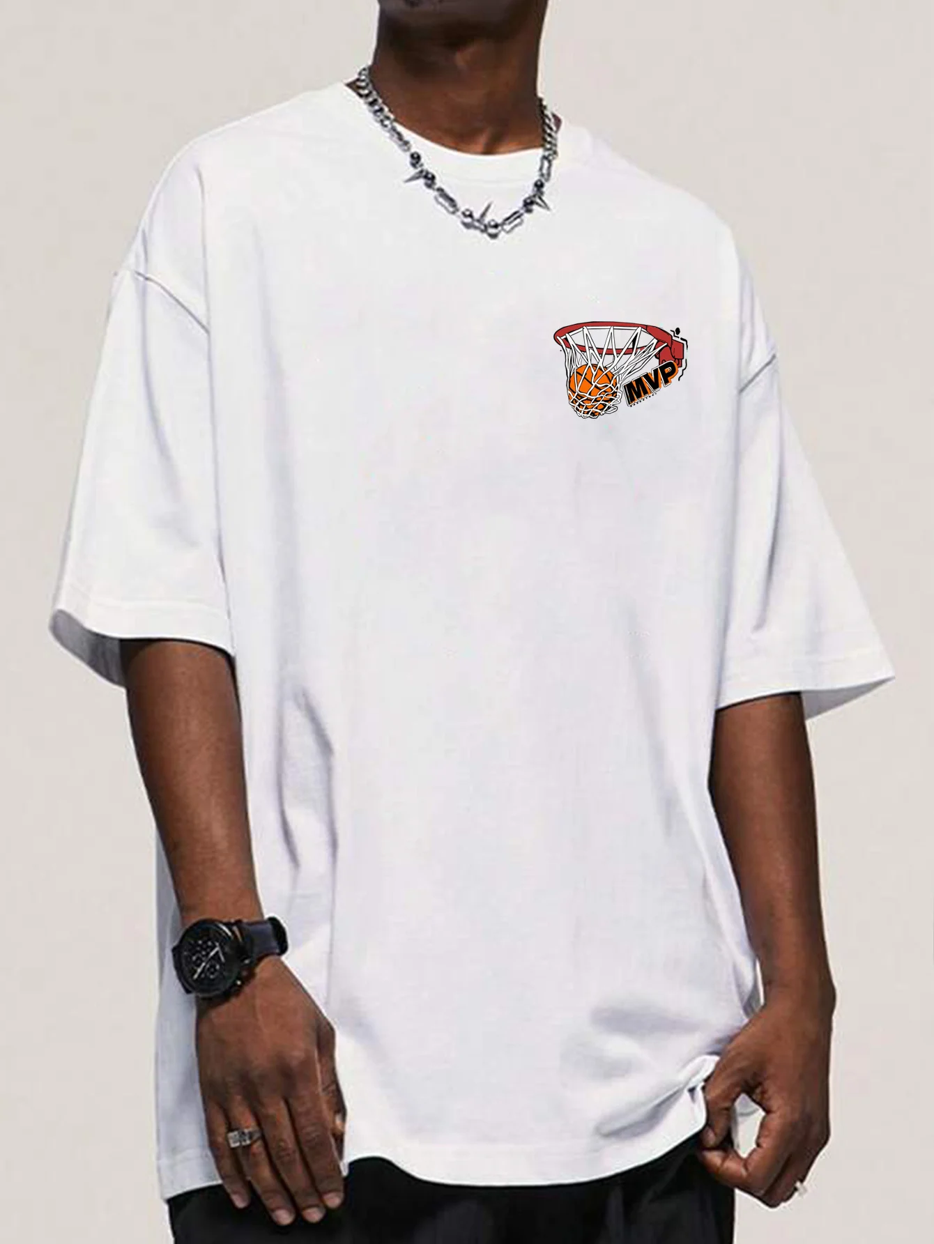 Men's Summer 100 Cotton Fashionable Casual Basketball Pattern Printed Loose Sports Round Neck Short Sleeved T-Shirt Top
