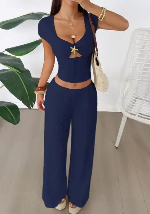 

Sexy 2 Piece Sets Womens Outfits Y2K Sports Style Short Sleeved Vest Top Wide Leg Pants Set Women's Clothing Autumn 2025