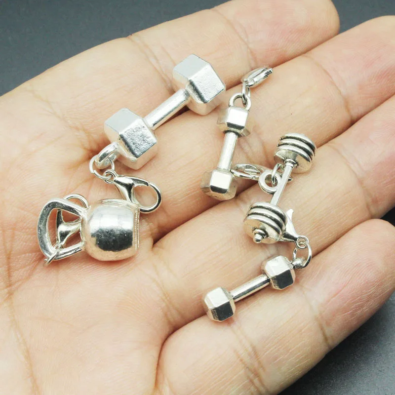 30pcs Mix Fitness Equipment Barbell Dumbbell Kettlebell Dangle Charms Lobster Clasp Hanging Diy Bracelet Jewelry Accessories