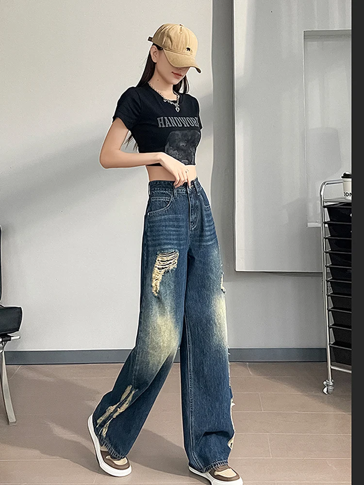 Y2k Baggy Ripped Jeans Frauen Low Rise Gyaru breite Jeans hose Daddies Streetwear Grunge Hippie koreanische Mode Hose