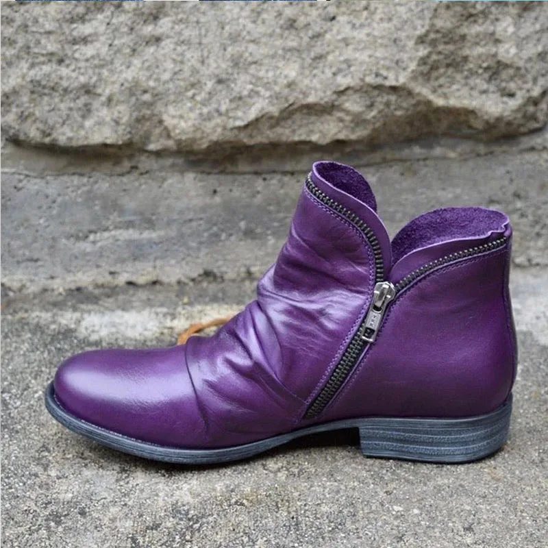 Fashion Purple Blue Ankle Boots Woman Autumn Casual Flat Pu Leather Short Booties Ladies Metal Zip Deco Pleated Design Botas