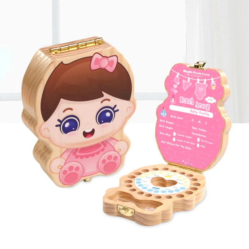 High Quality Baby Wooden Children's Tooth Case Boy and Girl Deciduous Boxes for Milk Teeth Pine Pink Blue Lovely