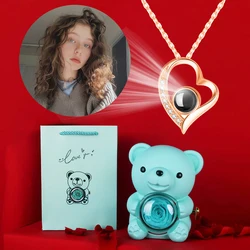 Custom Color Picture Projection Necklace With Luxury Green Acrylic Bear Rose Gift Box For Women Girlfriend Mom Romantic Gifts