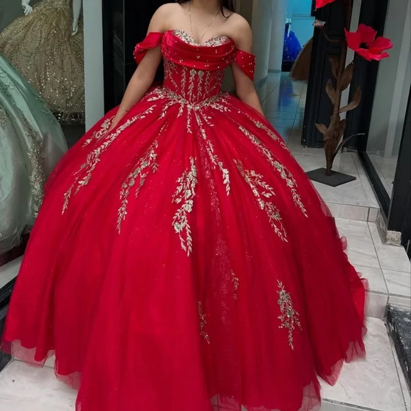 

Customized Shiny Red Quinceanera Dresses Off the Shoulder sequin applique flower Long tail Bow Vestido 15 Quinceanera