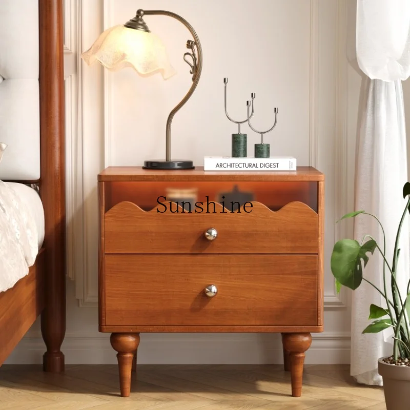 French retro wavy bedside table bedroom simple solid wood cabinet