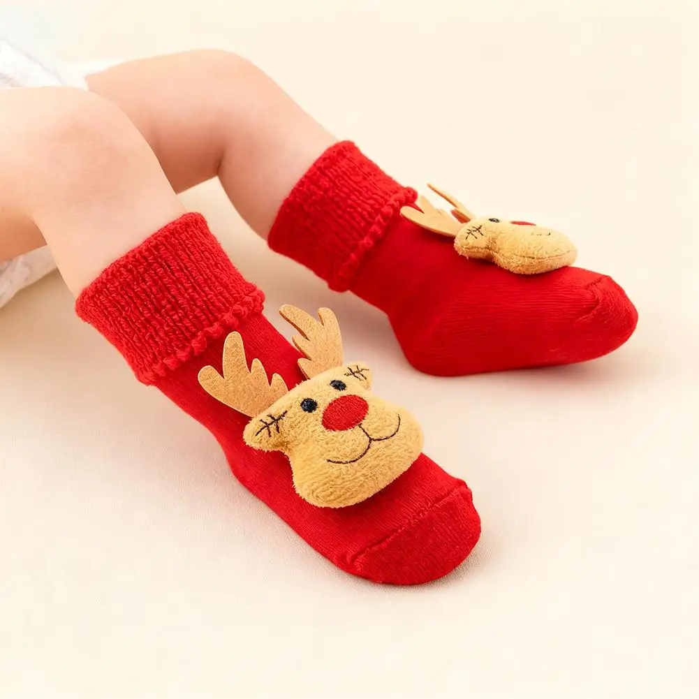 1 пара очаровательных детских носков-танец льва, хлопковые осенне-зимние толстые бархатные теплые красные носки с межподошвой, противоскользящие детские носки-тапочки