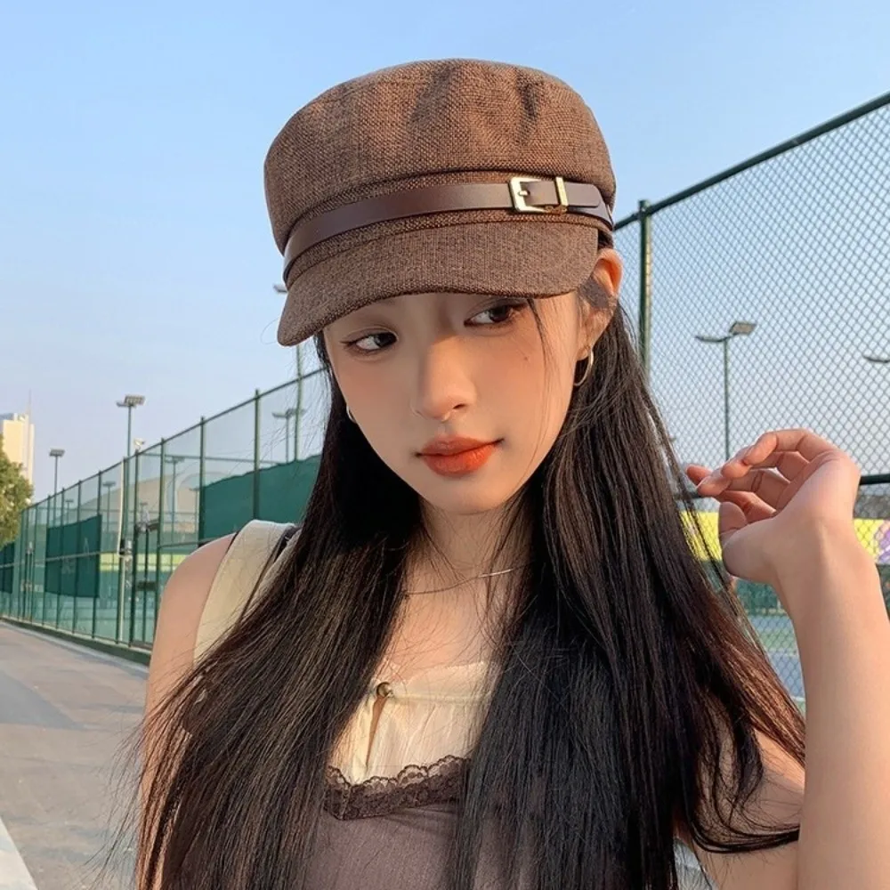 

Fashion Vintage Belt Buckle Beret Flat Newsboy Octagonal Cap Casual Leisure Painter Hat Female