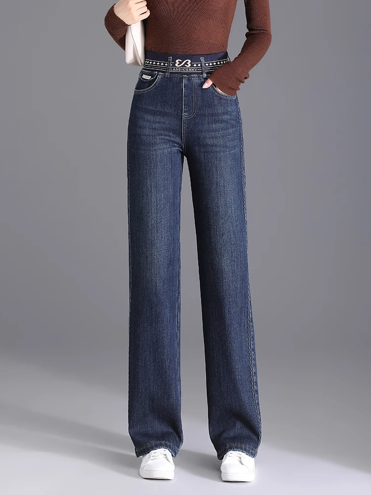 

Джинсы с высокой талией и широкими штанинами, женские, облегающие, на флисовой подкладке, прямого кроя, весна-осень-зима, новый стиль, удобные, стройнящие