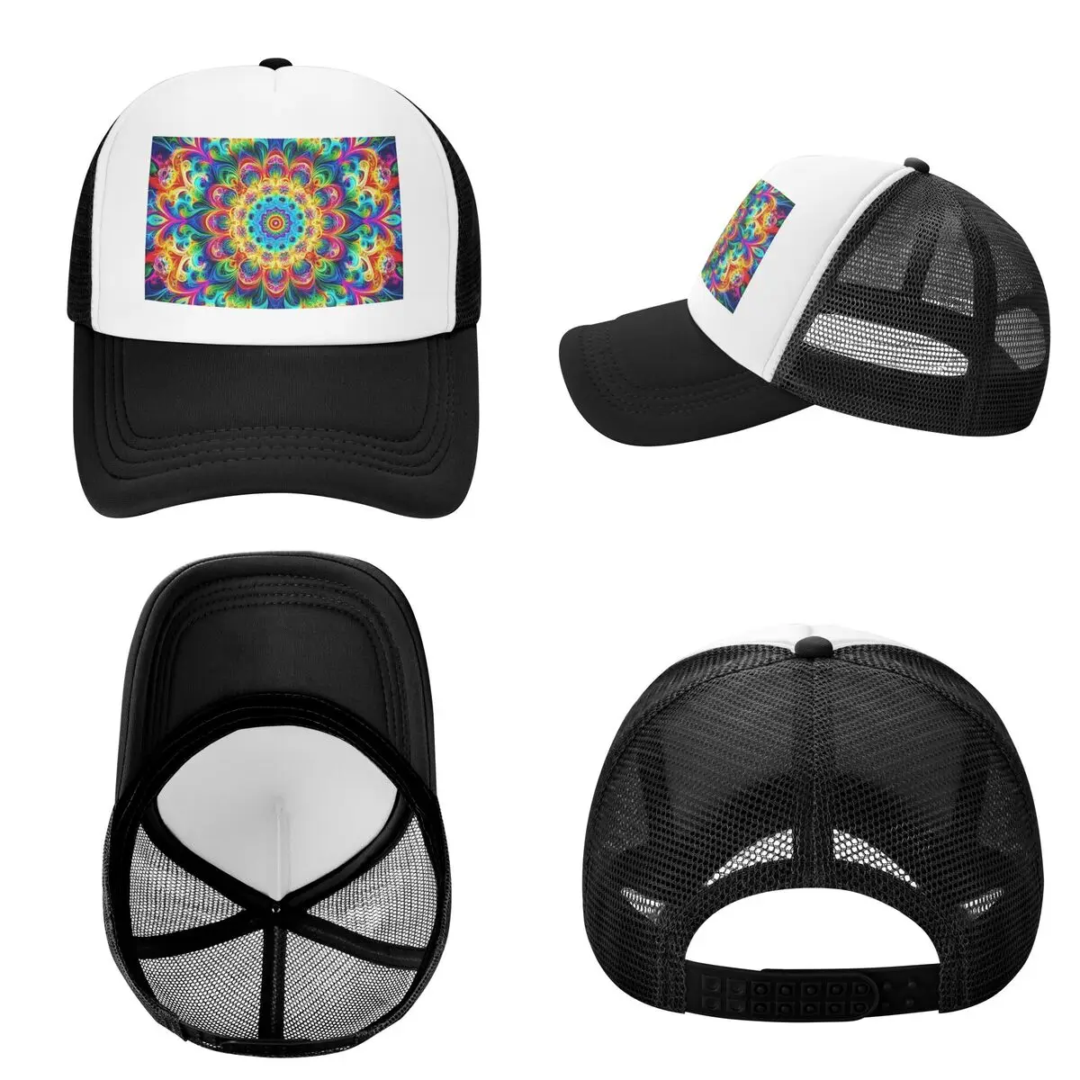 Retro Psychedelic Black With Vibrant Magic Pattern 4 Cap Casual Mesh Baseball Caps Adjustable Hat Hip Hop Summer