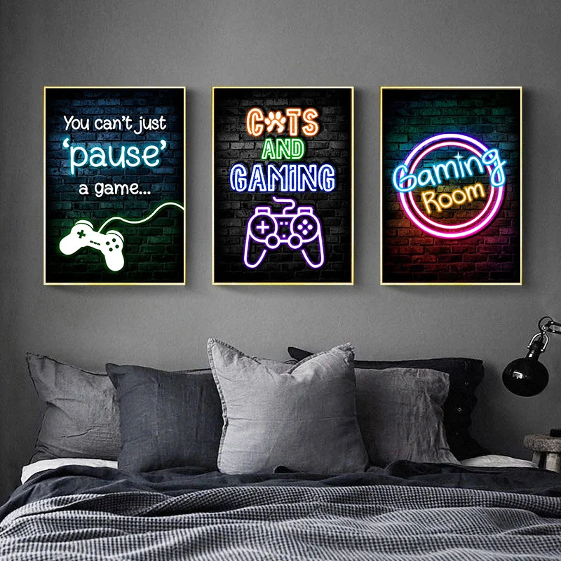 Gaming Neon Eat Sleep Game Repeat  Canvas Posters Gamer Room Decor Canvas Print Art for Home Esports Bedroom Decor Gift Painting