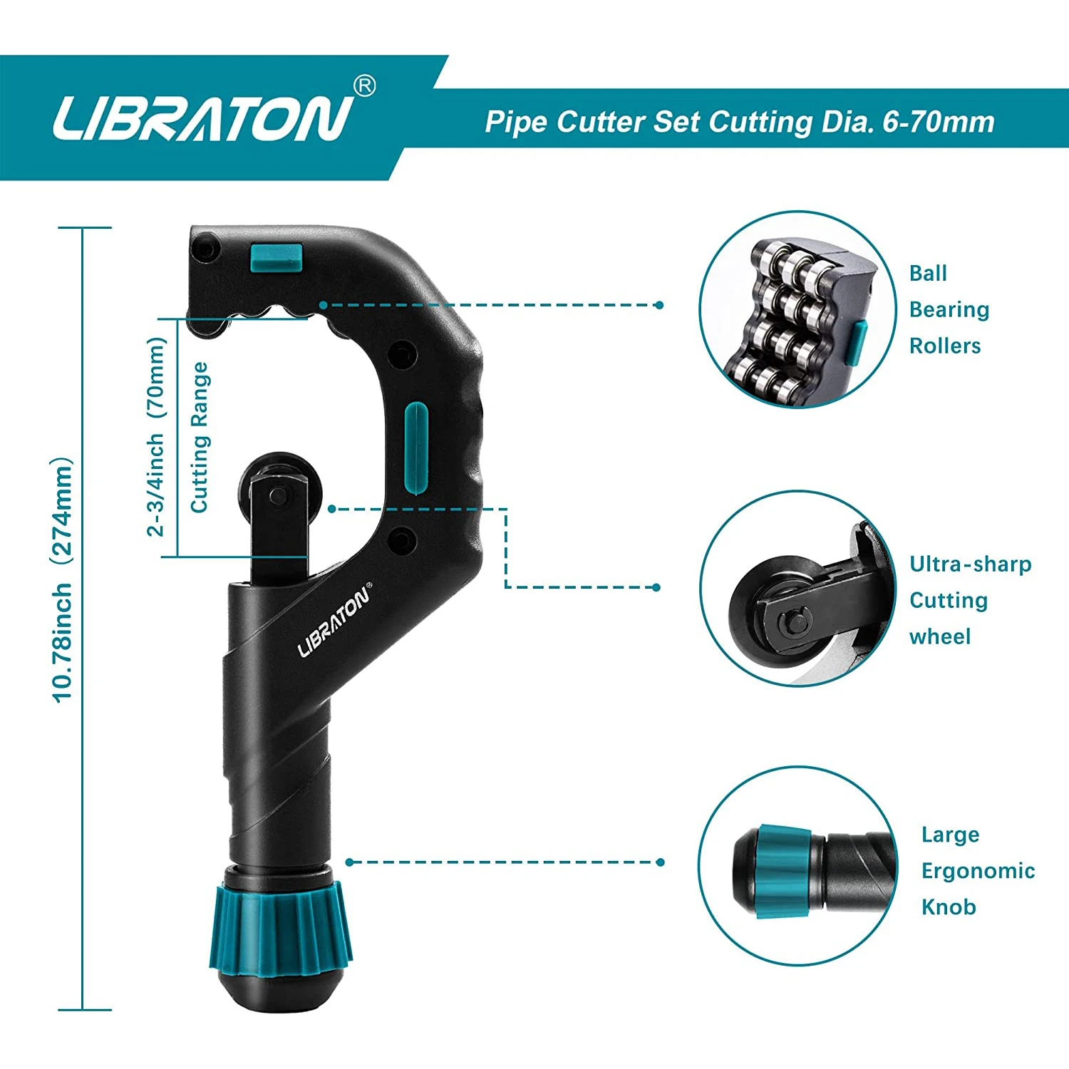 LIBRATON Copper Tube Cutter 6mm to 70mm, Heavy-duty Tubing Cutter for Aluminum Thin Stainless Steel Pipe with Deburring Tool