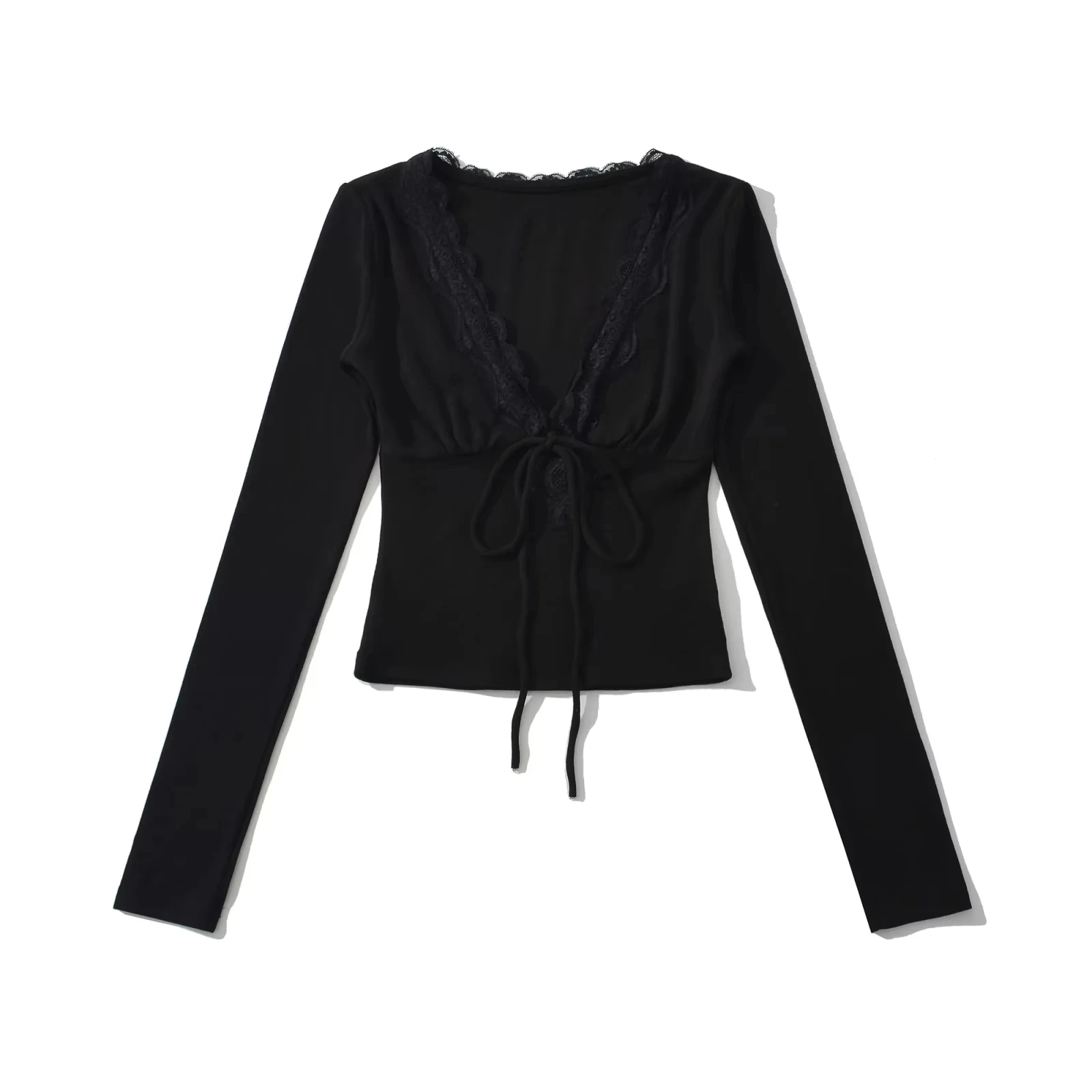 Sexy Pure Desire Spitzenbesatz V-ne T-Shirt Damen Lange Sve Gürtel Schlankheits Taille Top Sommer Herbst Faion Damen T-Shirt