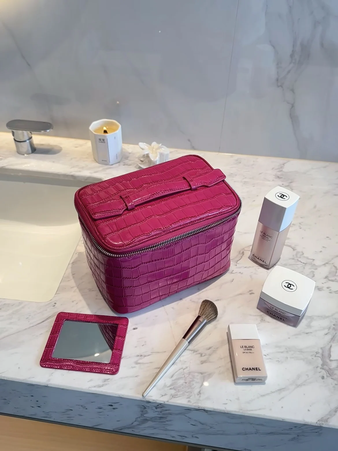 Crocodile Pattern Cowhide Cosmetic Bag Rose Red Light Luxury Genuine Leather Women Travel Portable Toiletry Storageanity Case