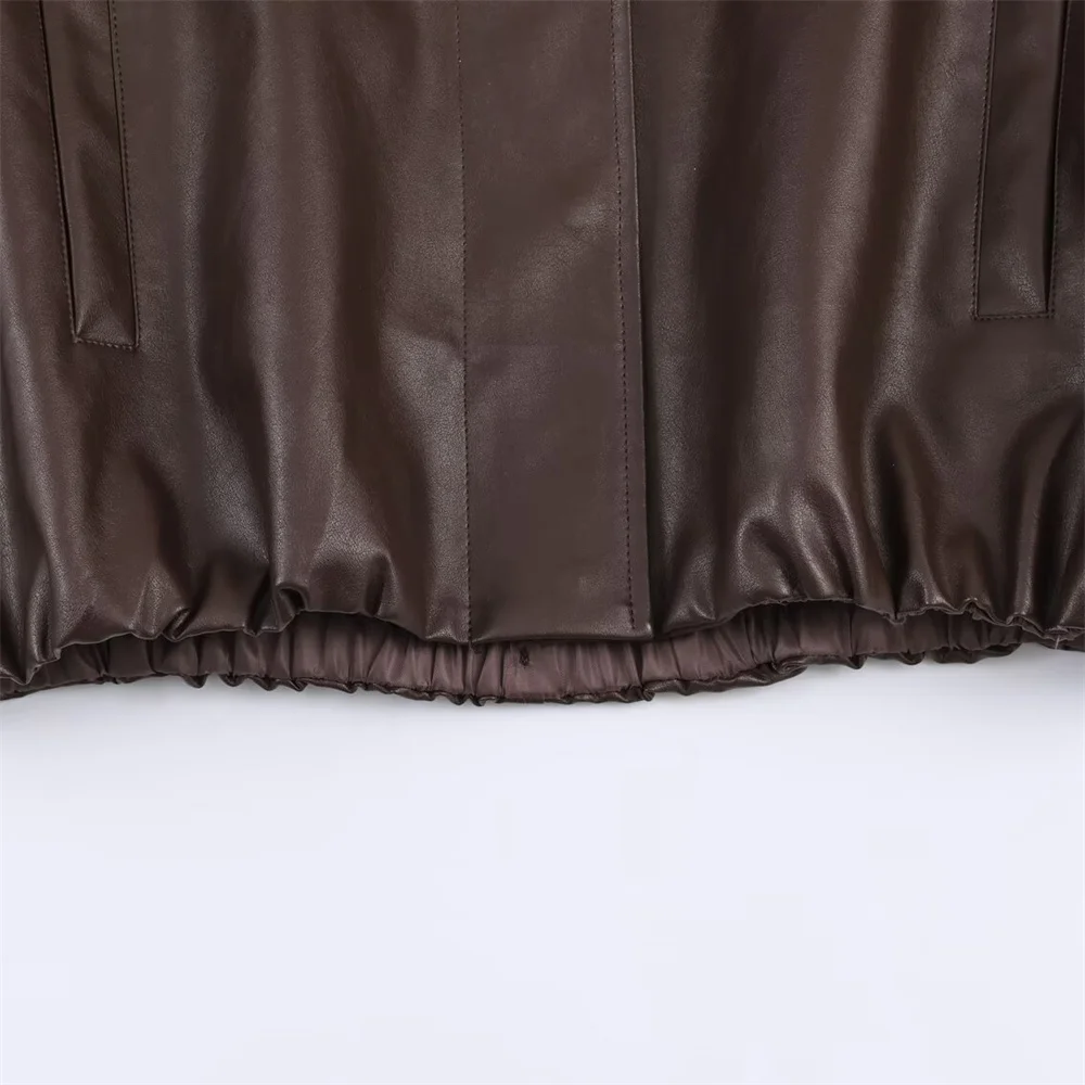 Otoño/Invierno nueva moda mujer estilo europeo y americano manga larga imitación cuero cuello alto chaqueta abrigo corto