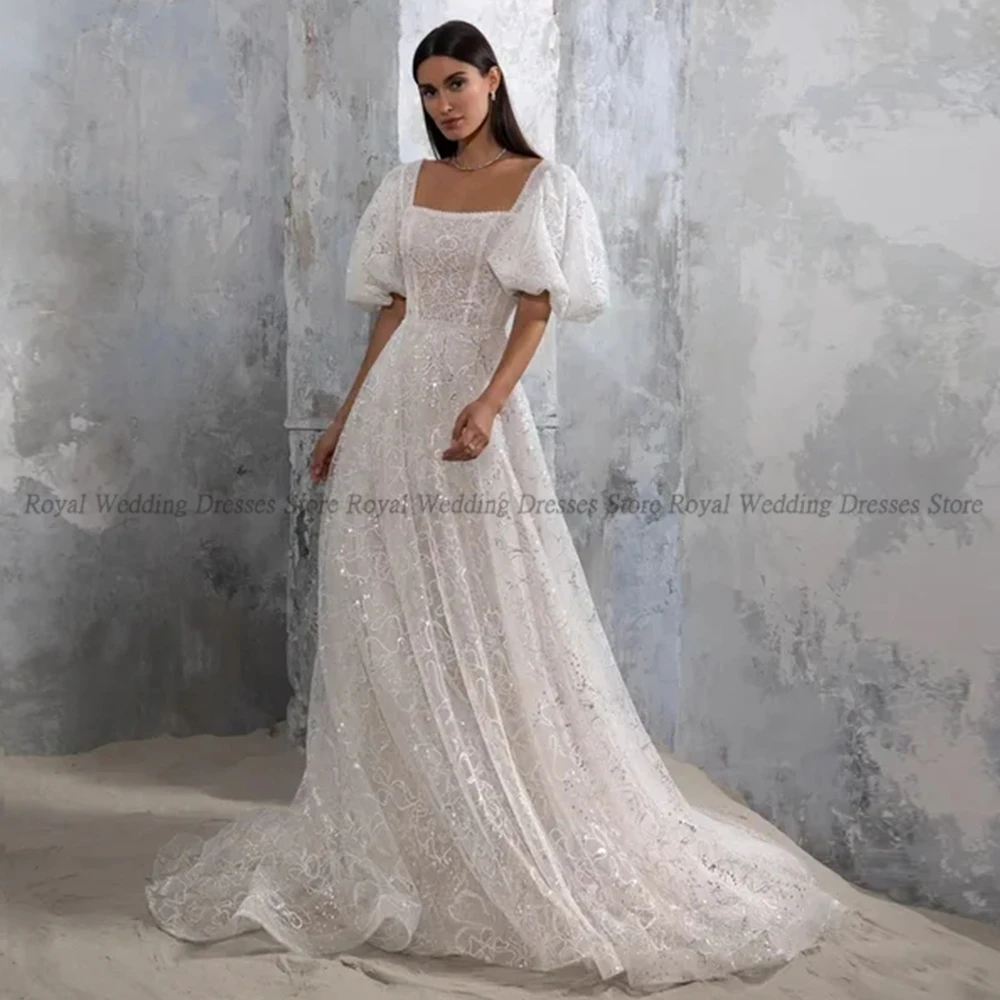 High Quality A Line Wedding Dresses Lace Draped Open Back Puff Sleeve Applique Boat Neck 2022 Floor Length Gowns Robe De Ma