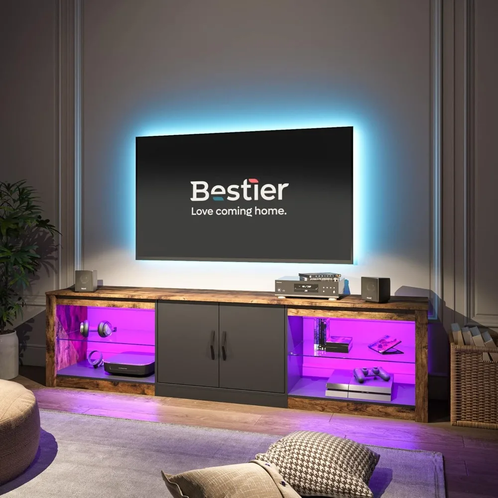 

70 Inch Led TV Stand - Modern Rustic Brown Entertainment Center with Adjustable Glass Shelves, Customized