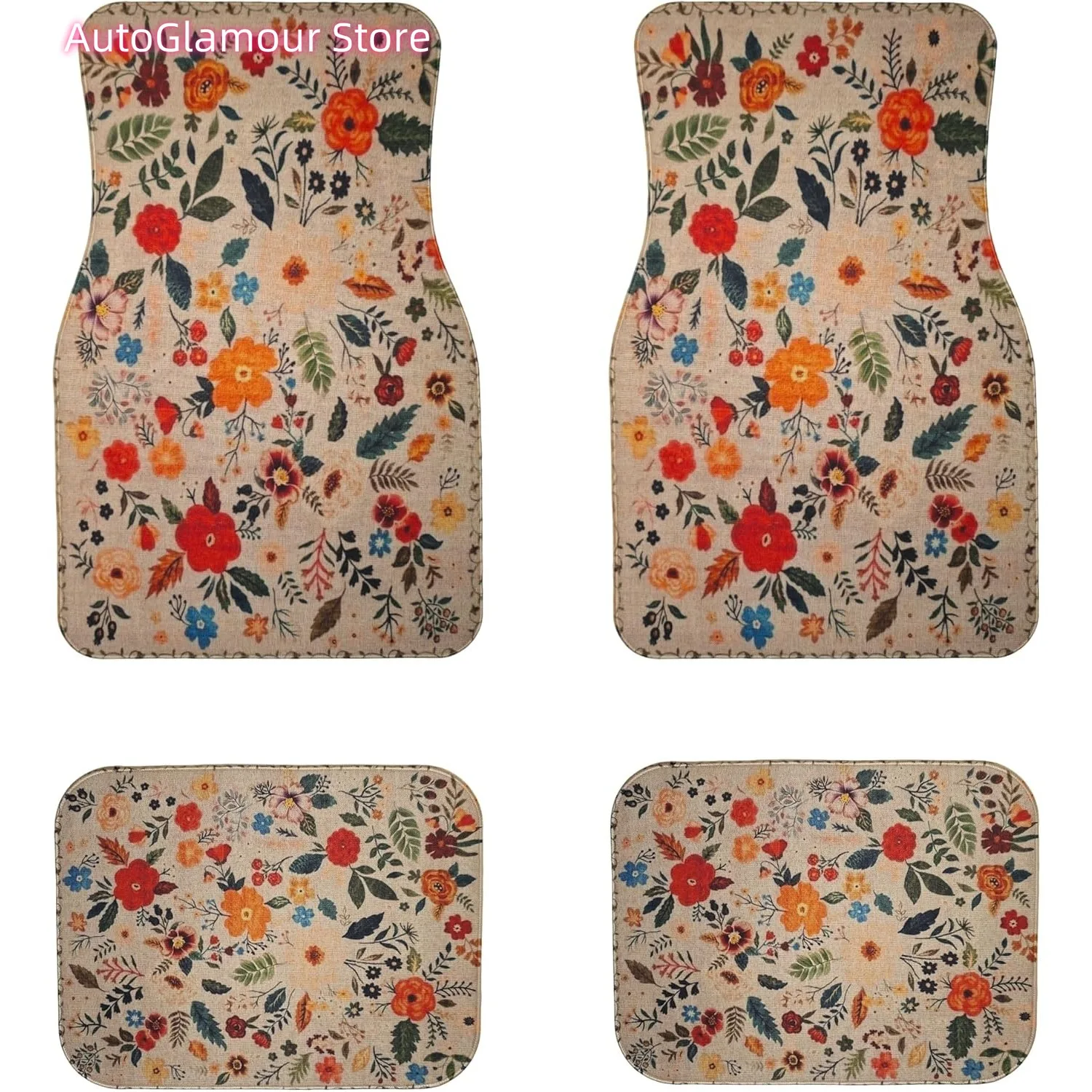 Complete Set of Premium Car Mats | Preferred Car Additions for Women Retro Floral Design Durable All-Season Rubber Liners