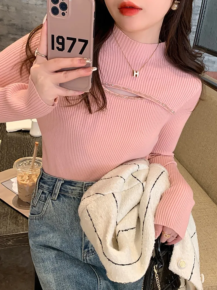 AOSSVIAO 2024 Hollow-out Turtleneck Knitted Sweater Ribbed Pullovers Autumn Winter Basic Women Sweaters Fit Soft Warm Tops