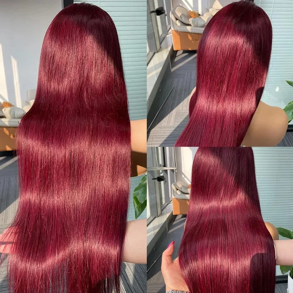 Peluca Frontal de encaje HD para mujer, cabello humano de color burdeos 99J, 34, 36 pulgadas, 13x4, prearrancado, 200 de densidad