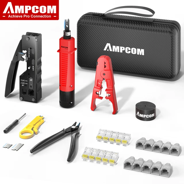 AMPCOM RJ45 Pass Through Crimping Tool Zestaw narzędzi sieciowych do Cat5e Cat6 Cat7 9 w 1 Przenośny zestaw do zaciskania kabli Ethernet RJ45/RJ11
