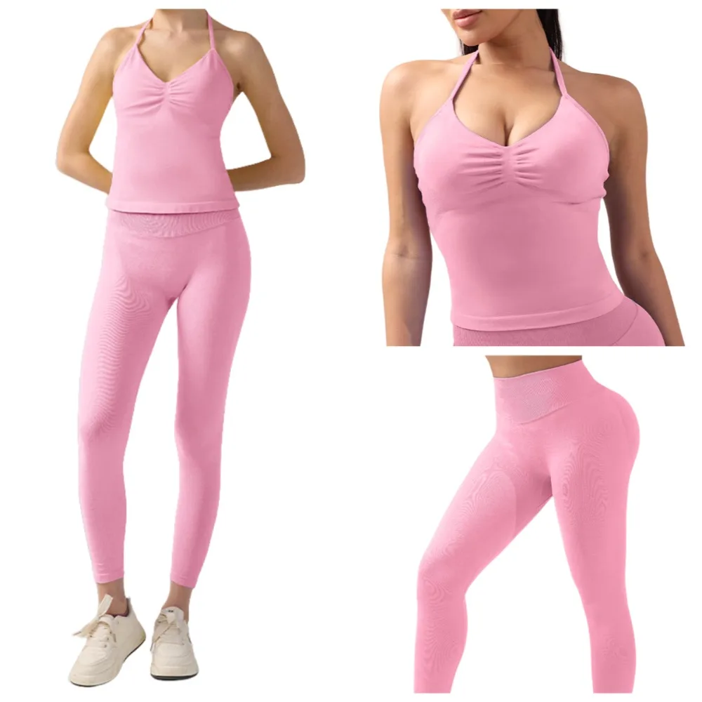 

New More Ladies Gym Training Leggings and Neck Tank Yoga Fitness Seamless Pilates Clothing Workout Sportswear 2-Piece Yoga Set