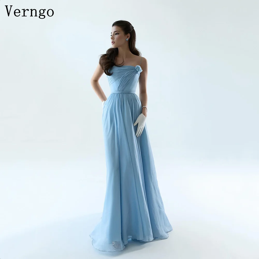 

Verngo Sky Blue Chiffon Evening Dress Spaghetti Straps A Line Formal Occasion Dresses Women Elegant Prom Party Gowns Customzied