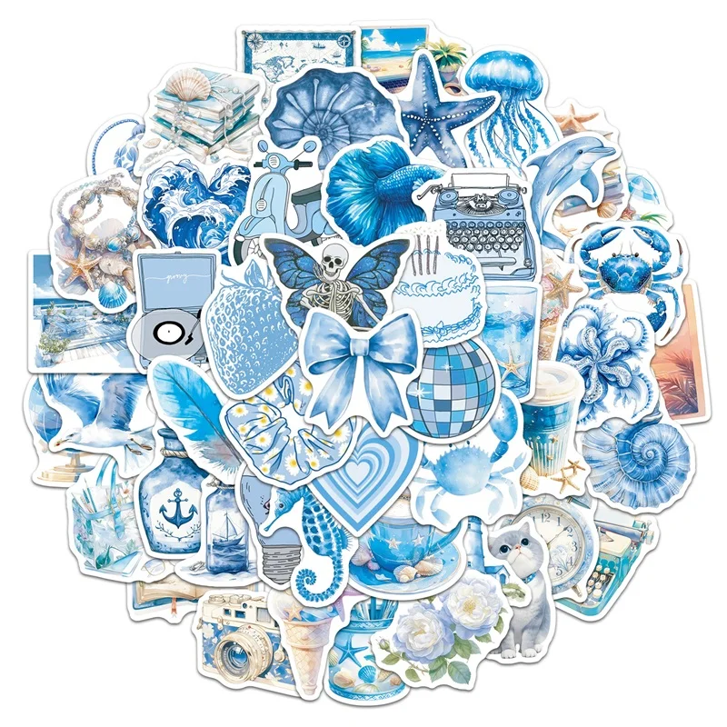 10/30/50PCS Cartoon Blue White Sea Sticky PVC Sticker Aesthetic DIY Laptop Luggage Skateboard Decoration Scrapbooking