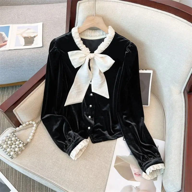 French Bow Shirt Women's Design Sense High-end Temperament Gentle Style Bubble Sleeves Black Velvet Top